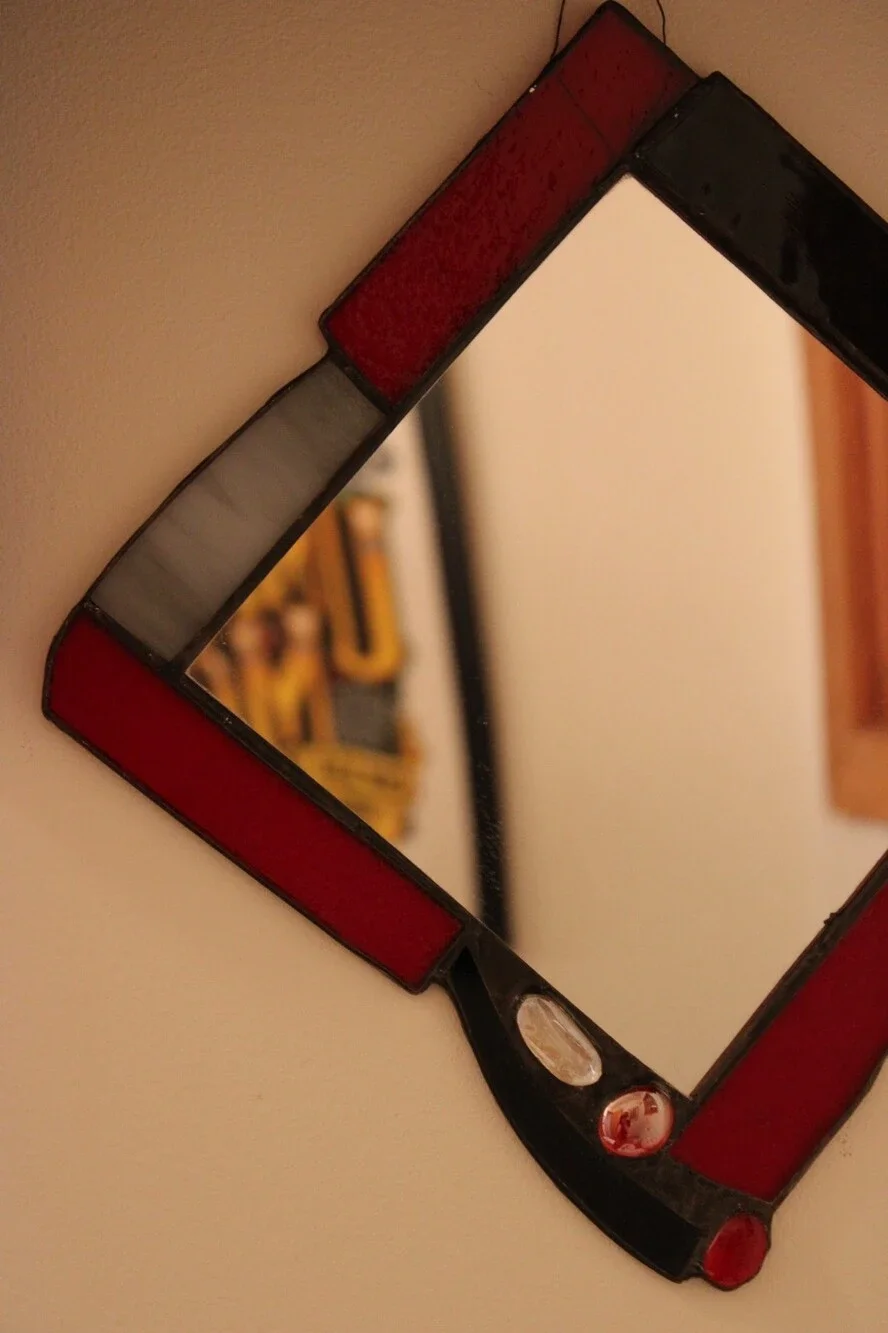 Mary Ann Molinaro Stained Glass Mirror Art Deco Geometric Burgundy Red Vintage